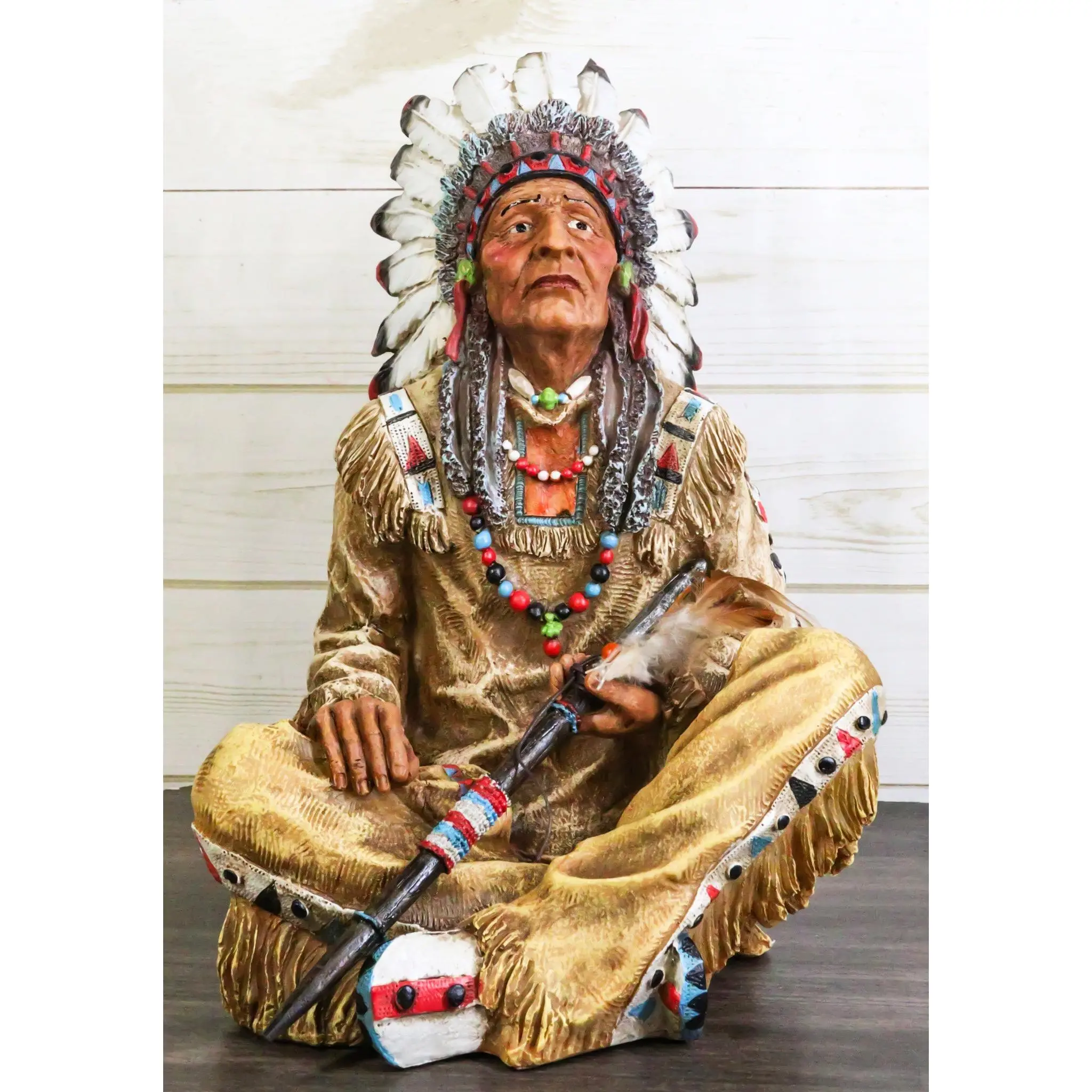 Large Sitting Traditional Hand-Carved Native Indian Tribal Chief Medicine Man With Peace Pipe Figurine, Home Decor Ornaments, Figurines for Collectors