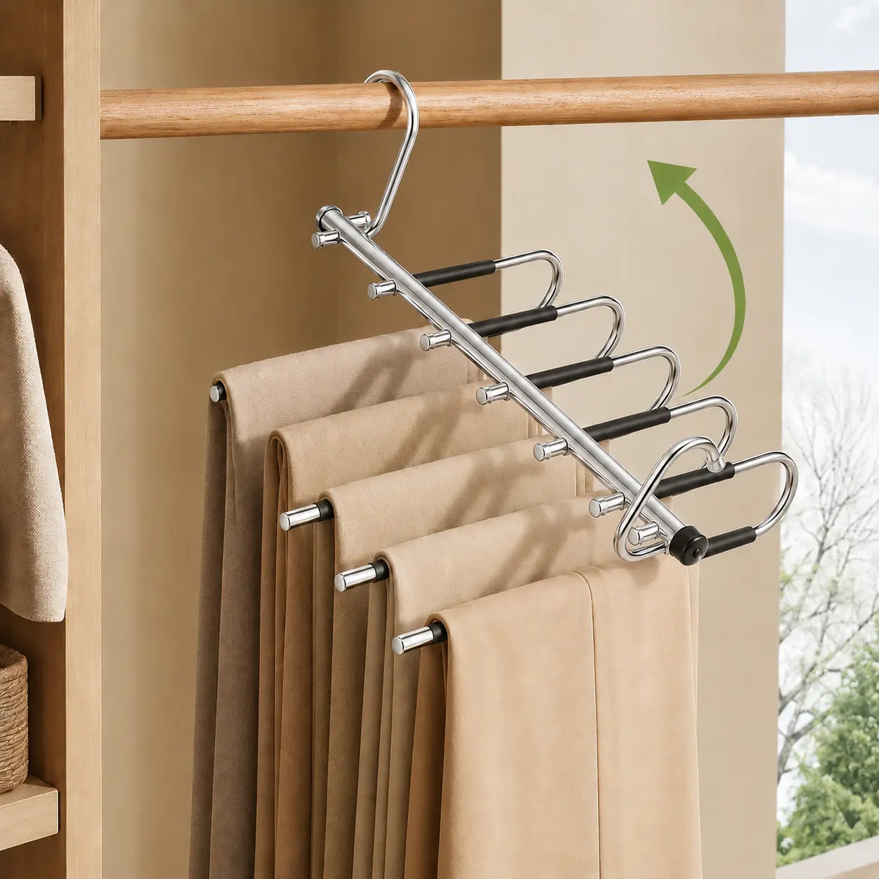 5-Layer Stainless Steel Foldable Pants Hanger, Space-Saving Closet Organizer with 50mm Wide Spacing, Anti-Slip Multifunctional Rack for Jeans Trousers Wardrobe Hanging