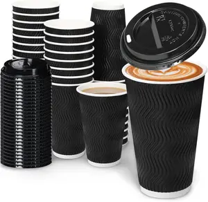 Daily life 16oz Coffee Cups with Lids, 100 Pack Insulated Ripple Paper Cups, Disposable Coffee Cups for Water, Juice, Coffee Home Black，FathersDayGift