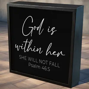 1 count, Classic Wooden Box Sign "God is within her she will not fall" Psalm 46 - 5-Inch Tabletop, Vintage Plaque Decor for Home, Office, Church - Wood Block Sign for Thanksgiving, Valentine's Day Decorations