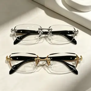 Unisex Rimless Rectangle Non-Prescription PC Glasses - Blue Light Blocking Lenses, Diamond-Cut Sparkling Edges, Fashion Metal Temples - Ideal Mother’s Day Gift for Computer Gaming, Daily Street Style, Rimless Non-Prescription Glasses