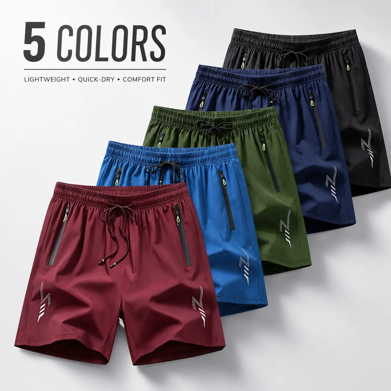 Men's 5-Pack quick drying close fitting sports and leisure gym shorts with breathable bottom, zipper pocket, elastic waistband, multiple sizes, suitable for fitness and outdoor wear