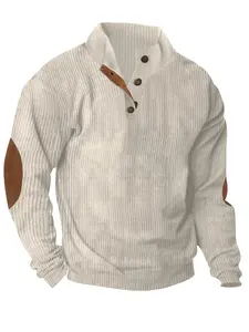 Men's European and American corduroy vertical stripes jacquard, quarter button, patch on the sleeve, trendy casual sports new button design hoodie suitable for home, leisure, campus and other scenarios, men's long-sleeved hoodie.
