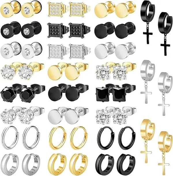 27 Pairs Stianless Steel Earrings for Men Hypoallergenic Cubic Zirconia Mens Earrings Stud Hoop Earrings Dangle Cross Earring Piercings Jewelry Set for Men Women Silver/Gold/Black