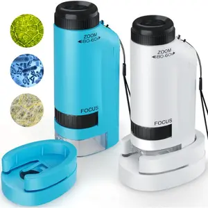 Portable Microscope for Kids Zoom 60x-180x,Handheld Mini Microscope STEM & Science Toys,LED Pocket Little Scientist Microscopes with 12pcs Slides,Gifts for 6,7,8,9,10+ Girls Boys（Blue&White）