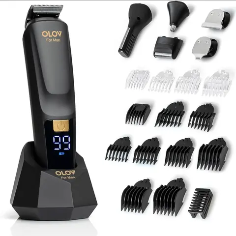 OLOV Men's Compact Cordless All-in-1 Grooming Kit - 6 Heads for Clean Beard Shaping, 800mAh, Beard+Face Trim, Hair Shaver, Nose Clippers, Electric Razor, Black - Easy Daily Beard Touchups, Husband Christmas Gifts