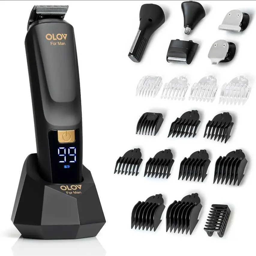 [FathersDayGift] OLOV Beard/Hair Shaver for Men - All-in-One Mens Grooming Kit with Trimmer for Beard, Nose, face, Cordless Hair Clippers Electric Razor, Black Comfort