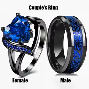 Fashionable romantic heart-shaped couple rings for women, adorned with zircon stones, Celtic dragon stainless steel couple rings, wholesale jewelry.