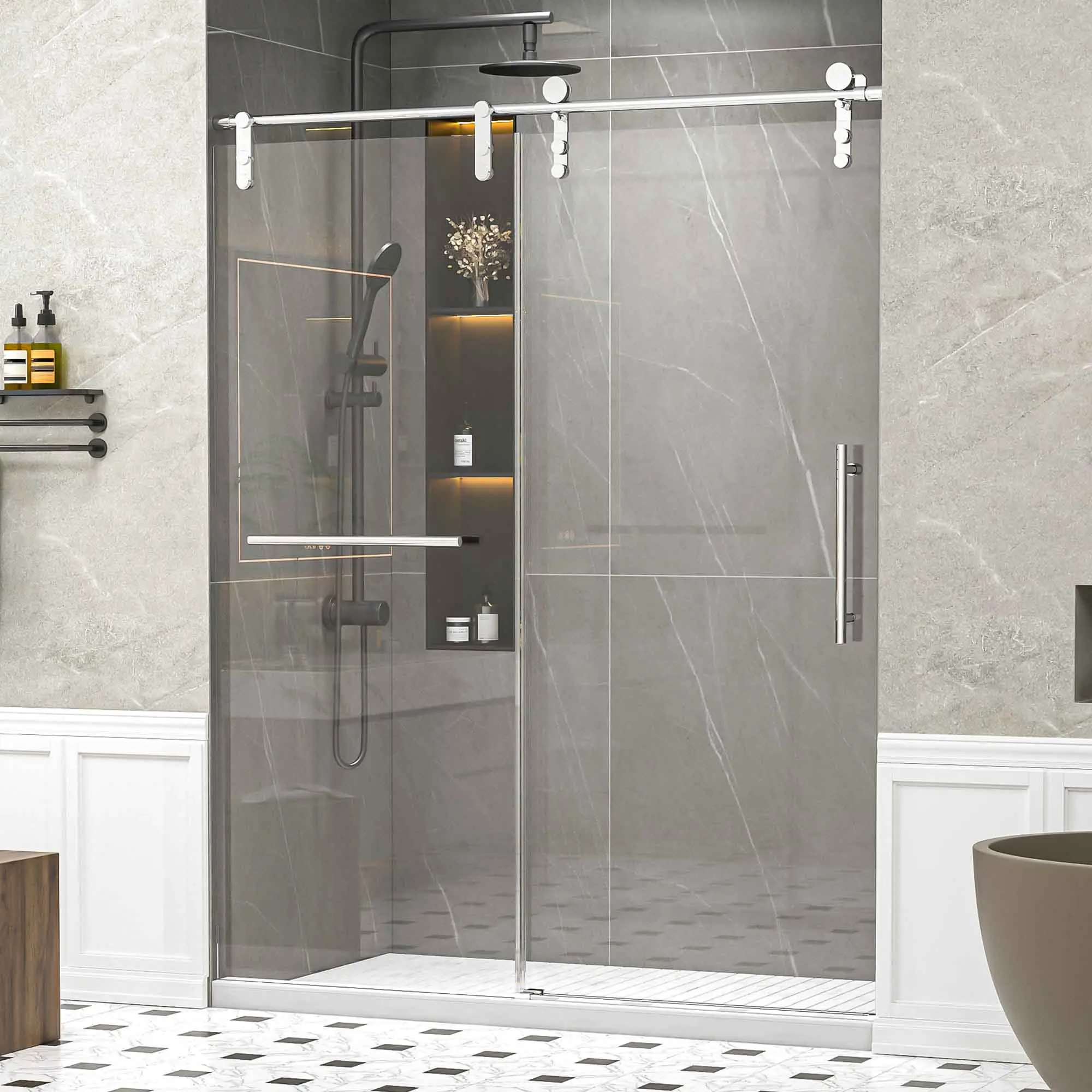 Frameless Single Sliding Shower Door for Indoor Bath - 56-60in Adjustable Width Complete Kit, 76in H, 5/16in (8mm) SGCC Tempered Safety Glass, Towel Rail, Auxiliary Handle, Rust-Resistant Hardware, Smooth Gliding, Easy Clean for DIY Users, Waterproof Seal