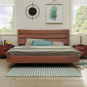 [Brandday][Memorialday] AMERLIFE 14 Inch Solid Wood Bed Frame with Headboard, Mid-Century Style Platform Bed with Wood Slats Support, No Box Spring Needed, Easy Assembly Furniture Durability