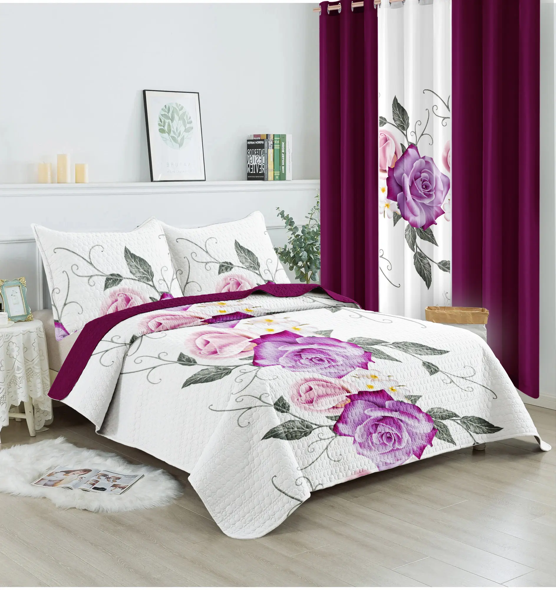 Purple & Pink Rose 9-Piece Bedspread Set – 2-in-1: Bedspread or Thin Quilt! Includes 2 Printed + 4 Solid Curtain Panels | Premium Microfiber, Silky Soft, Moisture-Wicking & Fade Resistant | All-Season for Queen/King/Cal King, All Seasons, Breathable, Cust