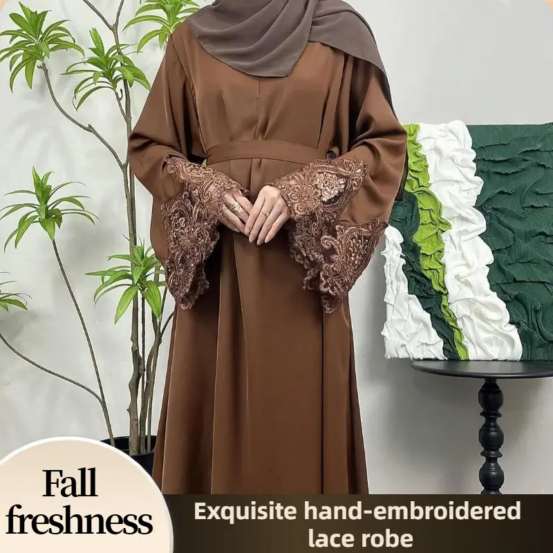 【FallFreshness】CL13 Lace design abaya, solid color abaya, Muslim robe, elegant and fashionable, exquisite luxury dress, exquisite lace cuffs Modest Ma