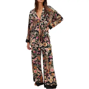 Satin Pajama Set for Women Silk Pajamas Set 2 Piece Floral Pj Set Long Sleeve Button Down Pjs Sleepwear