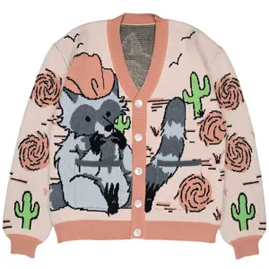 Steady Hands Outlaw Knit Cardigan Beige Gray Raccoon Cowboy Bandit