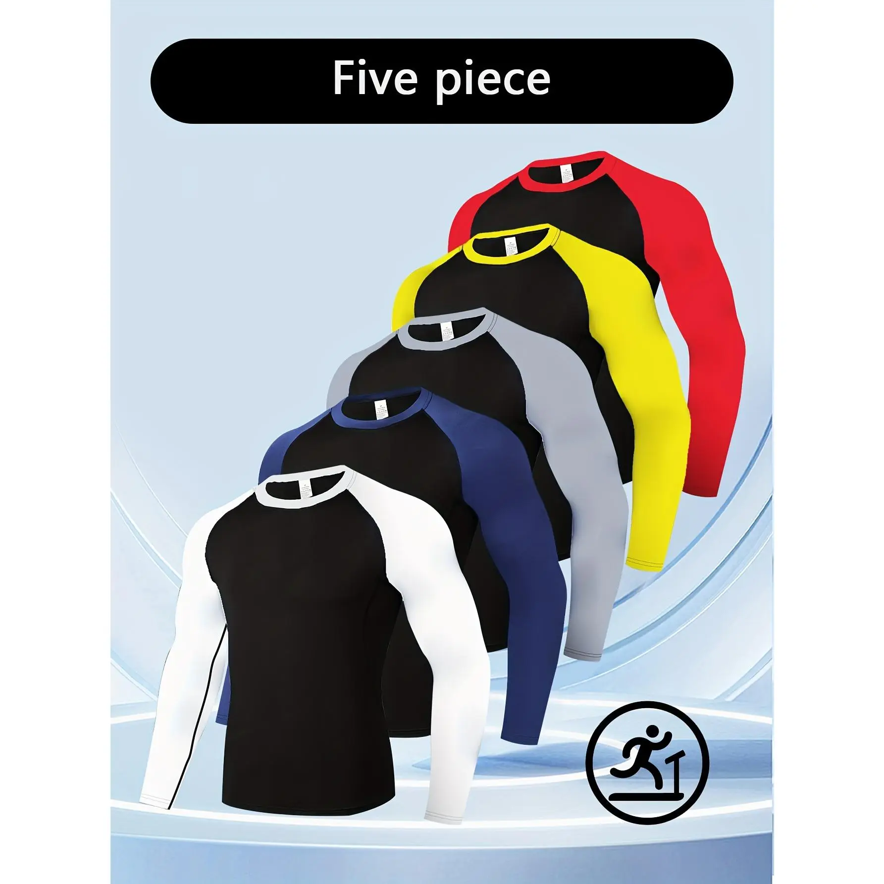 Men's 5-Piece Muscle Fit Medium Length Long Sleeve Compression Shirts, High Elastic Polyester Blend Lightweight Contrast Color Athletic Apparel for Gym, Biking, Gym Shirt Activewear Top