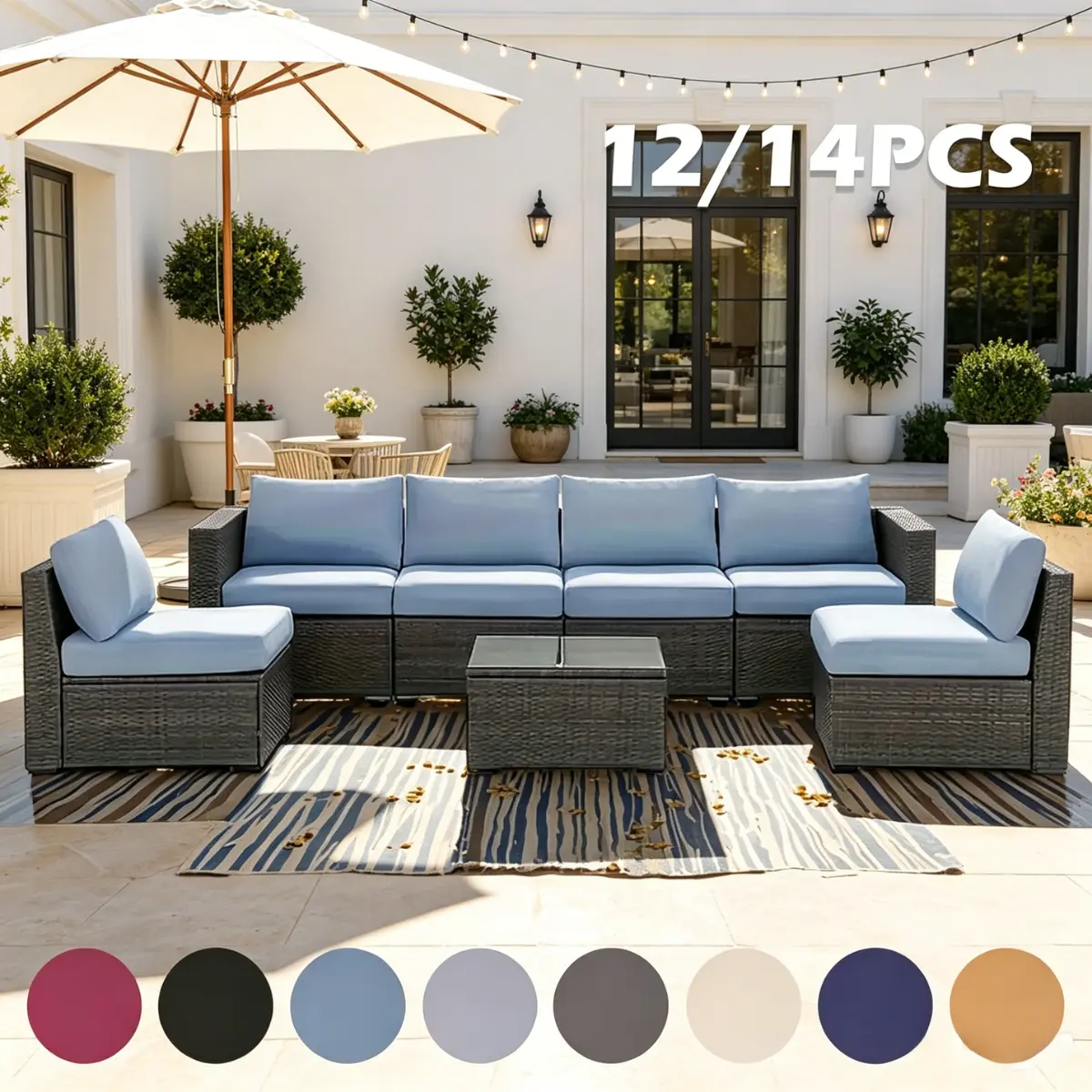 12/14PCS Stretch Patio Cushion Covers, Replacement Outdoor Patio Furniture Cushion Covers, Machine-Washable Outdoor Sofa Covers for Backyards, Porches, Poolside & Terraces