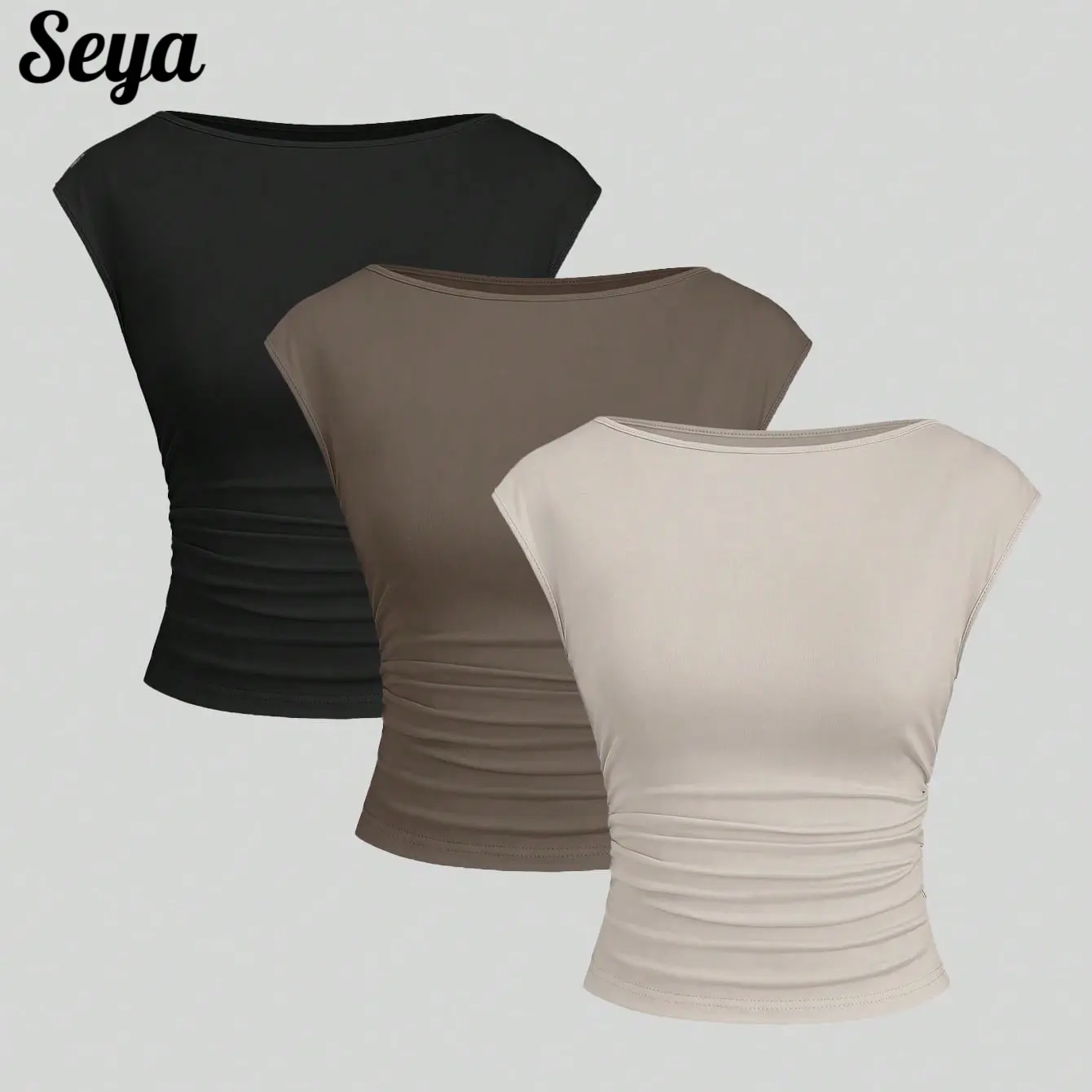 Women's Essential 3-Pack T-Shirts, Solid Slim Fit Ruched Waist Tops with a Lightweight Stretchy Fabric and Cap Sleeves, Shortsleeve, Skirts, Joggers