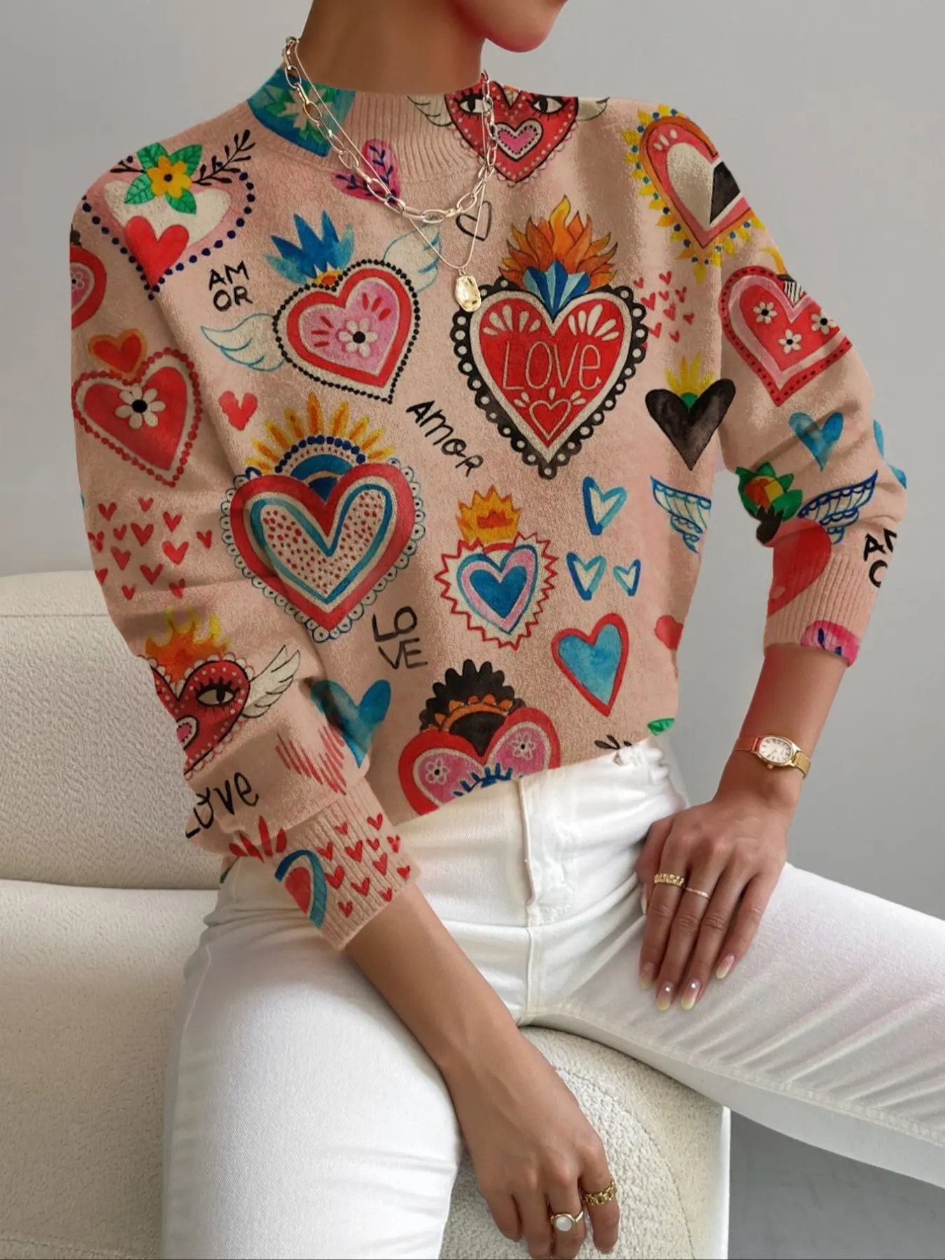 Women's Knitted Sweater, Soft, Long Sleeve, Knitwear, Tops, Cartoon Heart Print Design, Aesthetics, Casual & Elegant Style, Everyday, Perfect for Daily Wear, Holiday, Valentine Gift Idea