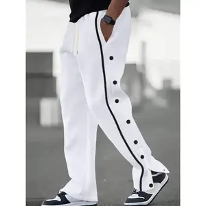 Men's Stylish Color Block Stripe Straight Leg Pants - Drawstring Waist, Side Buttons, Versatile, Trendy, and Comfortable for Outdoor Spring and Fall Activities - Perfect Gift Idea