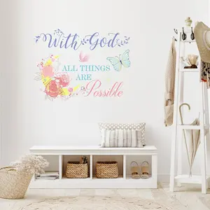 Colorful Religious Theme Bible Verse Flat Wall Decals, God "All Things Are Possible" Slogan Vinyl Inspirational Stickers with Butterflies, 20.8x15.7in Easy-Remove Room Decor for Bedroom, Living Room