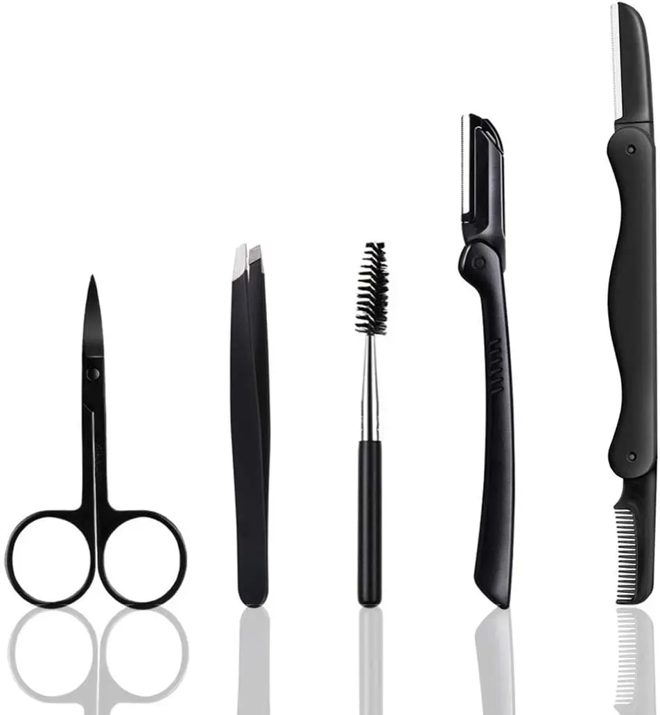 5-in-1 Eyebrow Kit, Professional Eyebrow Grooming Set, Eyebrow Trimmer Set for Women and Men, Including Brow Razors Trimmer, Brush, Eyebrow Scissors, Slant Tweezers
