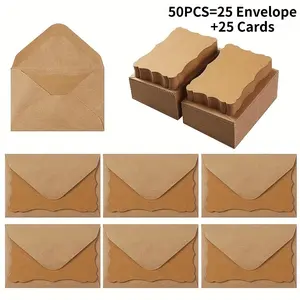 50pcs Includes 25 Envelopes + 25 Cards, Retro Envelope Gift Card Set, Blank Wave Writable Birthday Thanksgiving Blessing Card Envelope Set, Party Invitation, Christmas Halloween