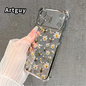 Daisies and Bees Symphony Pattern Phone Case for iPhone 17 Pro Max 16 15 Plus Air 14 13 12 11 E Electroplated Four-Corner Anti-Fall Protection Cellphone Cover