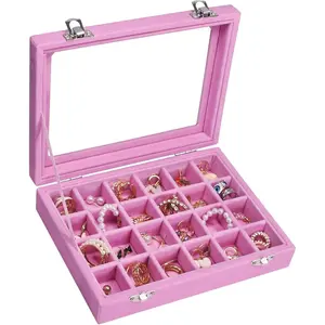 24-Grid Velvet Jewelry Box - Ring & Earring Display Organizer for Women Accessory Pink