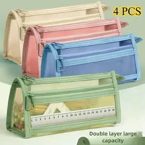 A set of 4 mixed-color Morandi grid pencil cases, with handles and zippers, transparent double-layer pencil bags, cosmetic bags, travel supplies, and cute transparent stationery storage pencil bags