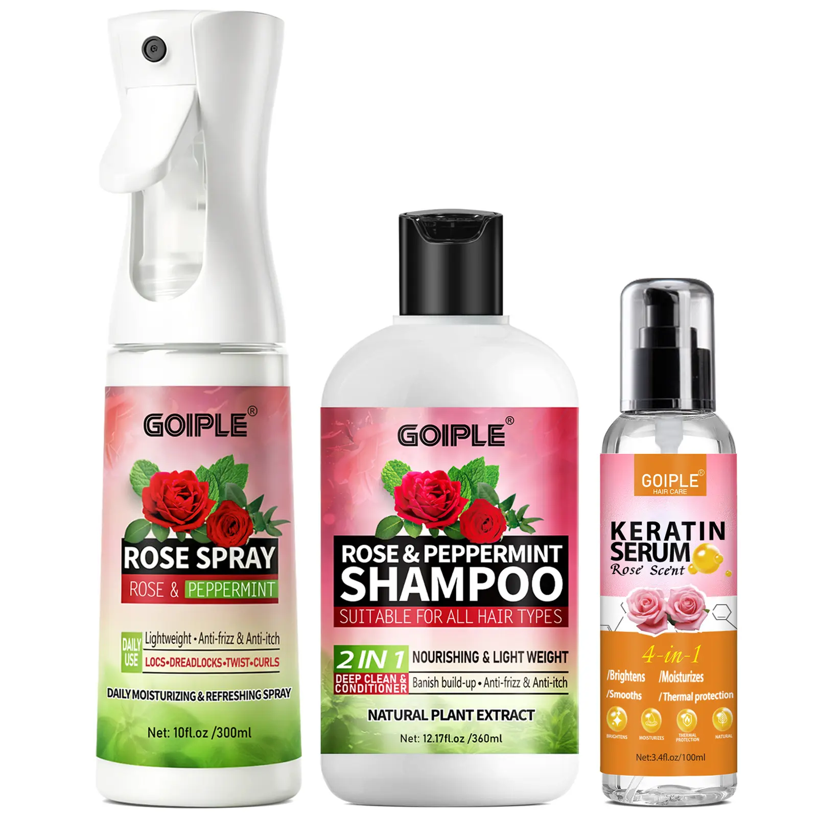 Rose & Peppermint Hair Care Set，Deep Clean Anti-Itch Shampoo, Keratin Repair Heat Protect Serum, Hydrating Anti-Static Spray for Women Family Use, Locs Twists Curls All Hair Types