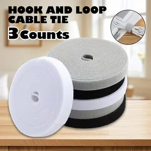 3 Counts Reusable Fastening Tape Cable Ties, Grey&Black&White Hook-and-Loop Roll