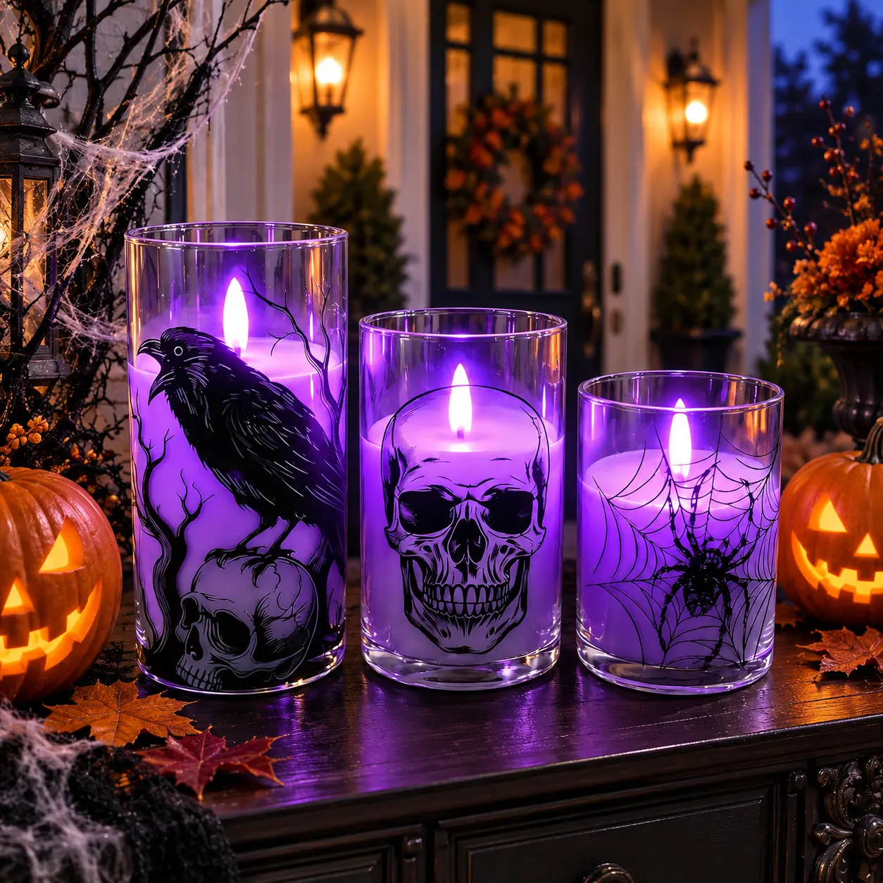 3-Pack Halloween Flameless LED Candles Set, Gothic Purple Flickering Candles with Raven, Skull & Spider Web Designs, Battery-Operated Safe Spooky Indoor Decor, Decorations for Room (Batteries Not Included)
