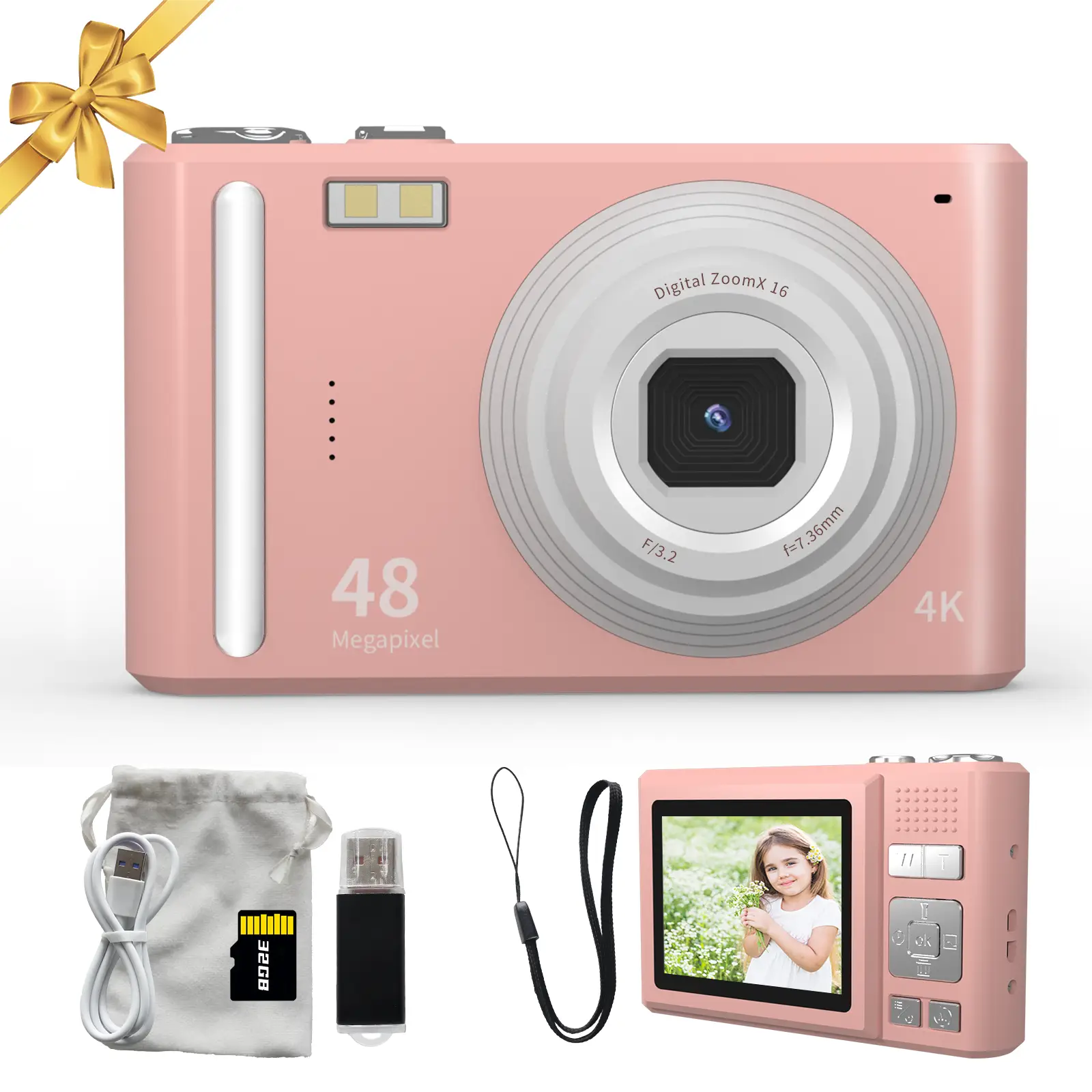 DC403 4K UHD Mini Digital Camera with 48MP Sensor, 32GB SD Card, 16X Zoom, 11 Photo Modes, For Teens & Beginners, Valentine's Day Gift Compact Portabl