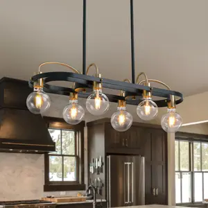 6 Lights Rectangular Chandelier, Black and Gold Linear Chandelier, Rectangle Pendant Light Fixture for Dining Room Kitchen Island-L30