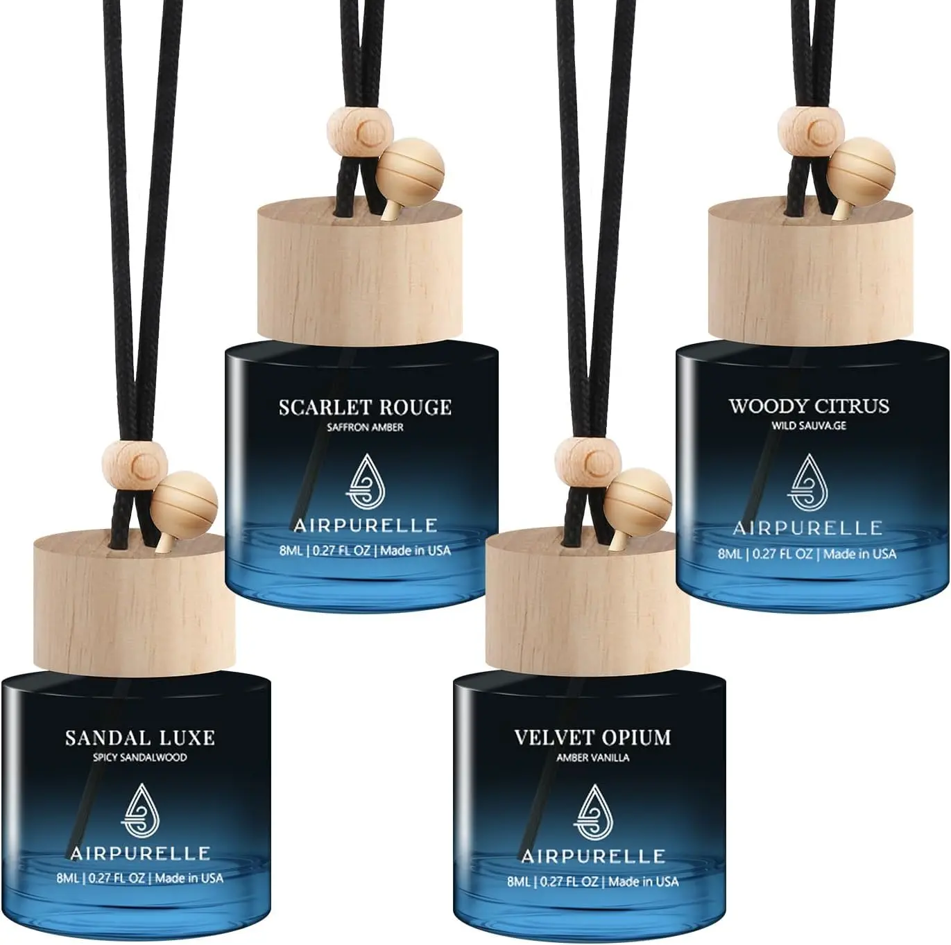 Four-Pack Scented Car Fresheners Bundle - 4 Long-Lasting Luxury Scents - 8ml Each