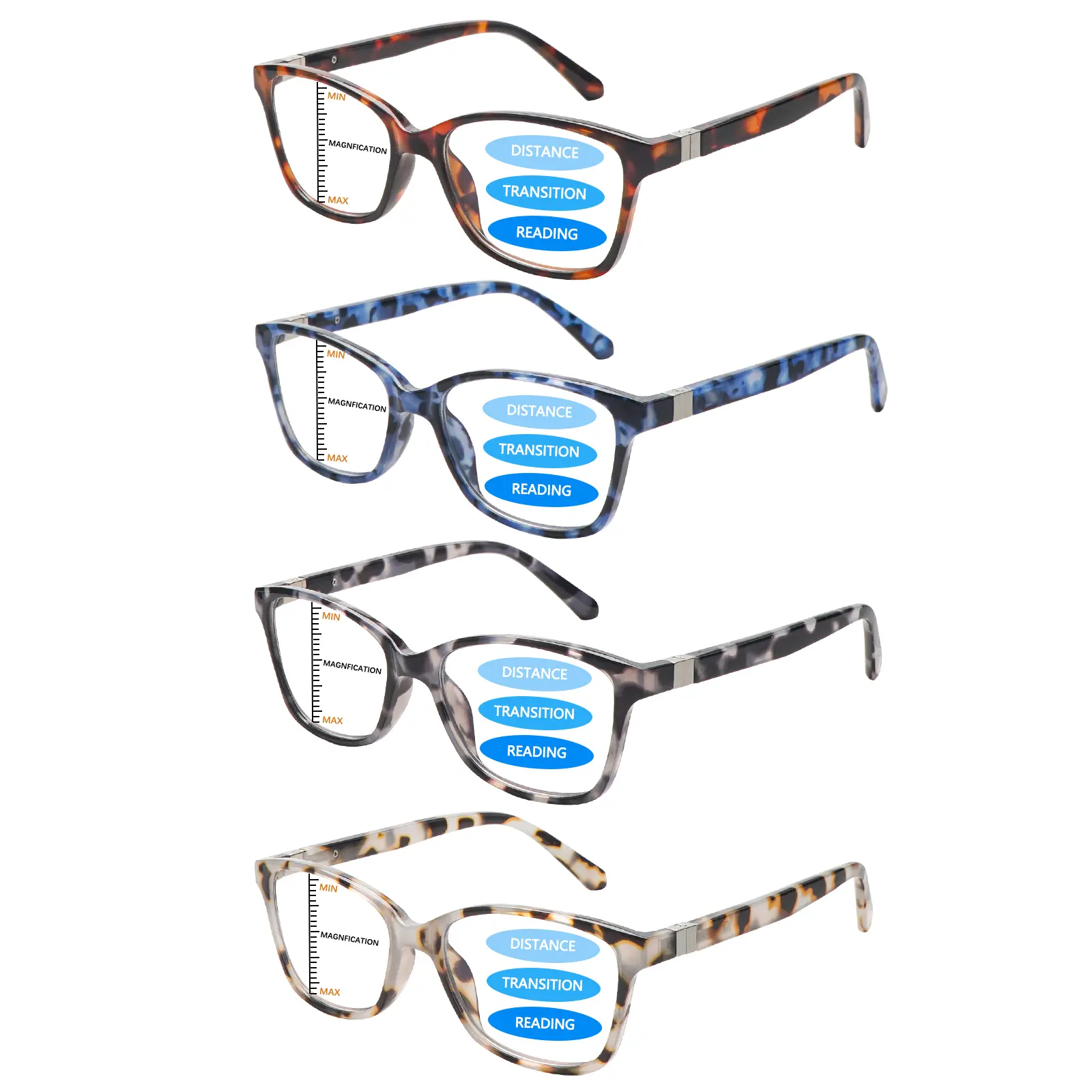 Rectangular Reading Eyeglasses for Women, 4 Pack Oprah Style Polycarbonate Frames with Progressive Multifocal Blue-Light Block & Spring Hinges