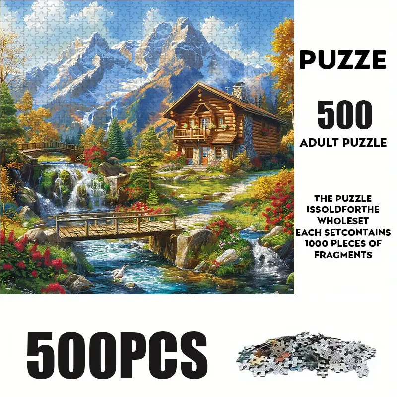500 Piece Streamside Cabin House Puzzle, Large Adult Family Interactive Toy, DIY Home Decor Brain Challenge, Holiday Scene, Perfect Gift, Brain Teaser Puzzles