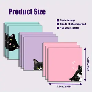 150 Sheets Cute Cat Sticky Notes 3 Mixed Designs Pink & Black Super Sticky Note Paper for School Office Supplies Stationery Set Back to School