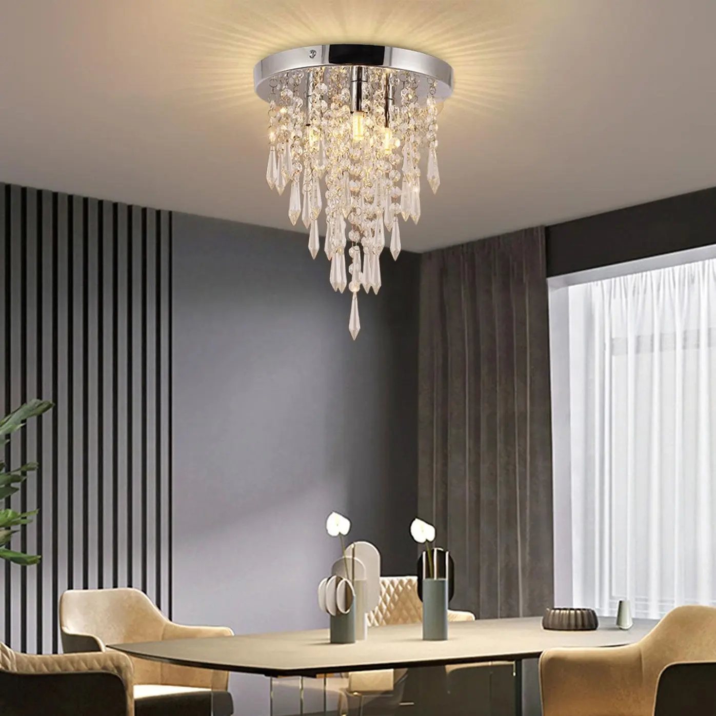 CNCEST Modern 3-Light Crystal Acrylic Flush Mount Ceiling Lamp - AC-Powered Decorative Lights, 3pcs G9 Bulbs, Cool White, Indoor Use, Room Decor for Dining Room, Bedroom Home Improvement