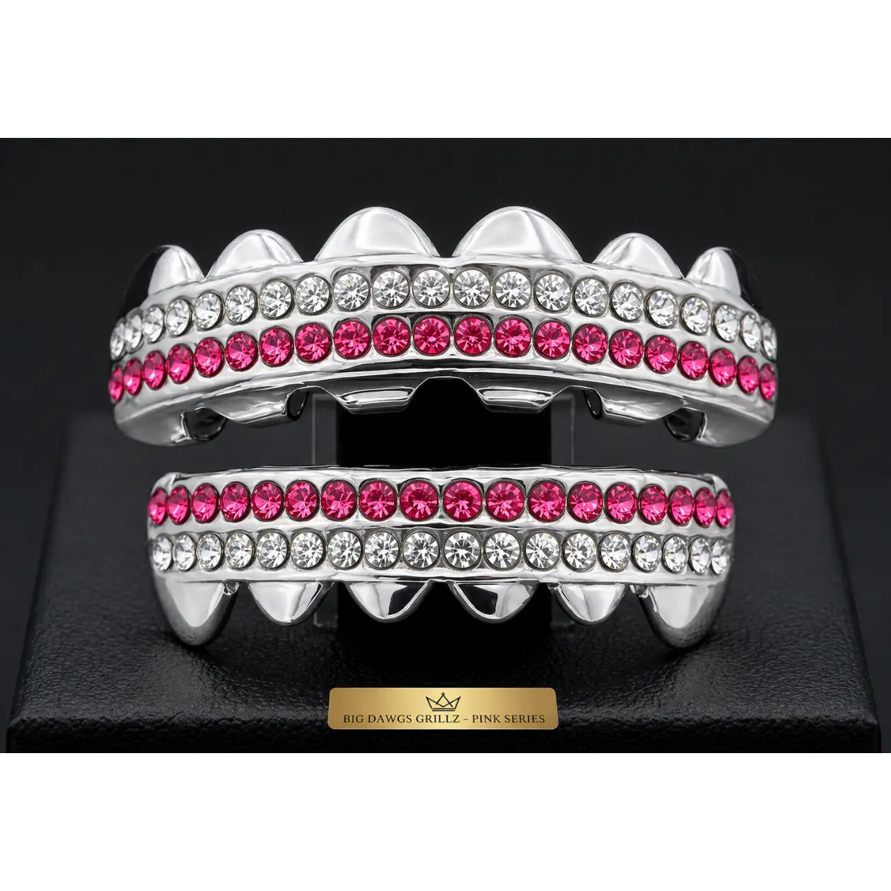 Silver Upper & Lower Teeth Grillz Set Pink Diamond Series Silver Upper & Lower Teeth Grillz Set Pink Diamond Series