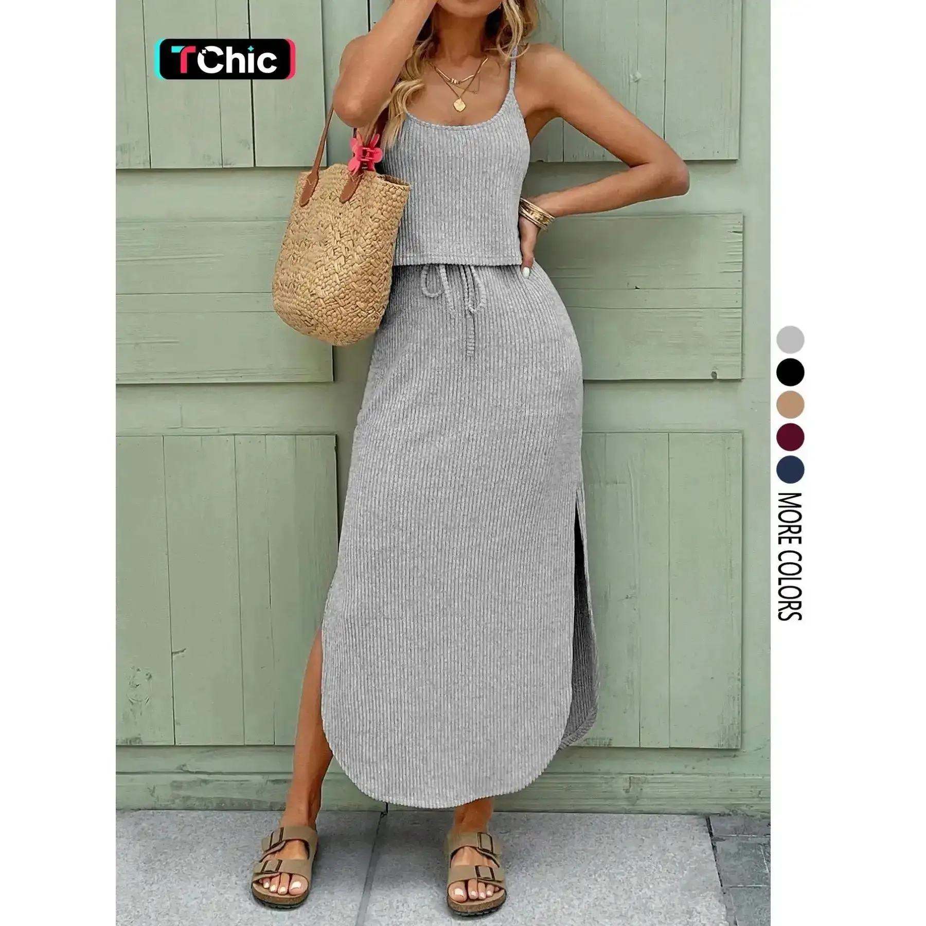 Women's Casual Chic Ribbed Dress with Sleeveless Neckline, Split Hem and Drawstring, Basic Spring/Summer Casual