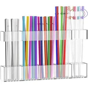 Straw Holder for Cabinet Door, 9.8 Inch Adjustable Acrylic Organizer with Ultra Sticky Adhesive Strips, Reusable Straw Storage Solution, Acrylic Display Rack, Acrylic Holder Dispenser, Acrylic Straws Organizer
