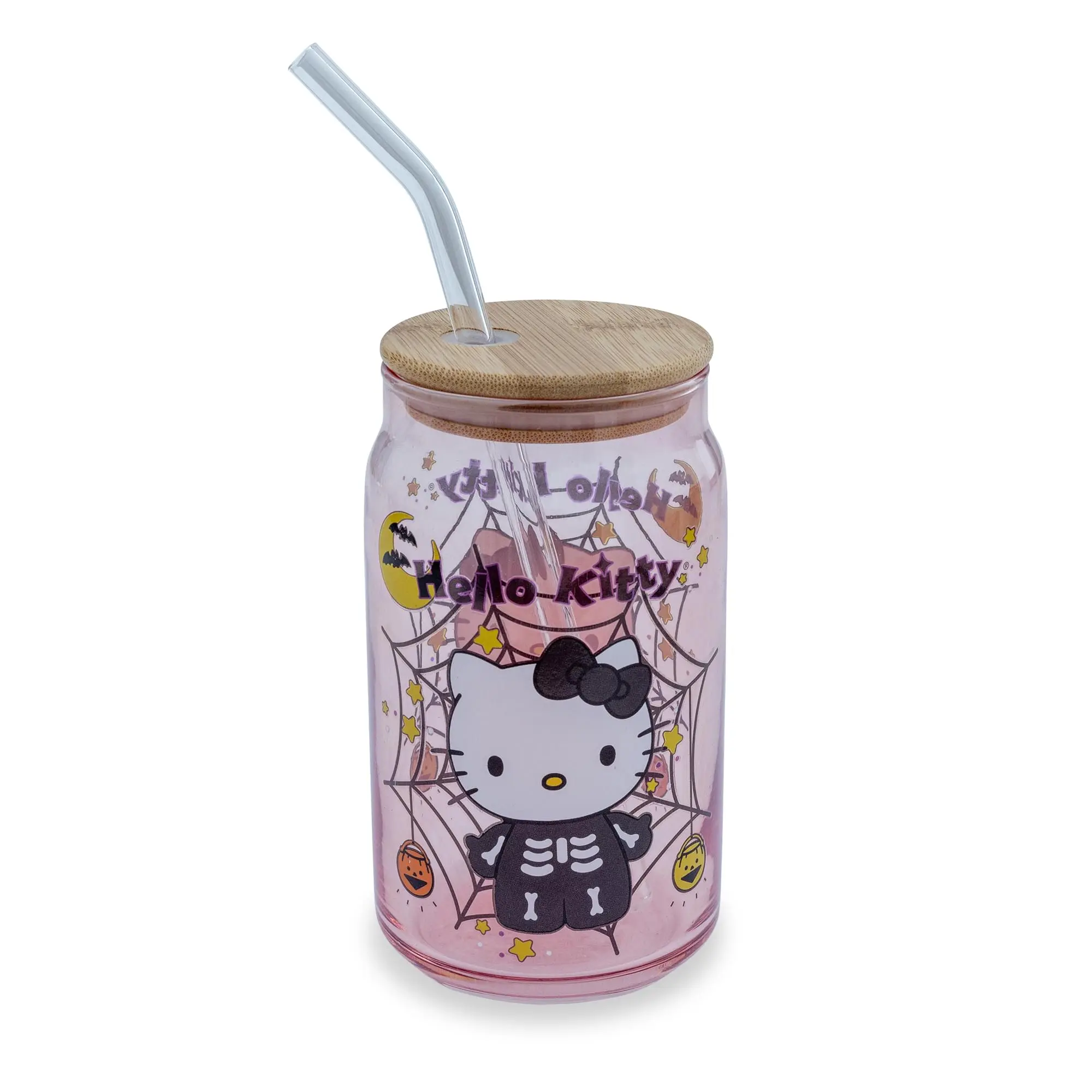 Sanrio Hello Kitty Skeleton 16-Ounce Glass Tumbler With Bamboo Lid and Straw
