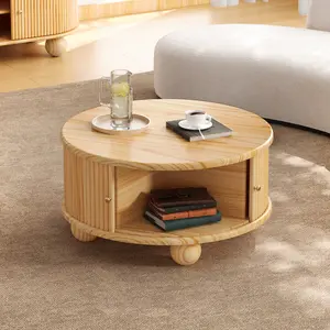 31.8*31.8*16.3 Inch Natural Pine Wood Round Coffee Table, Fluted Texture Coffee Table with Sliding Door Hidden Storage, 160LBS Load Compact Modern Minimalist Accent Table Easy Assembly for Living Room
