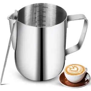 12oz/350ML Stainless Steel Milk Frothing Steaming Pitcher with Scale for Coffee Cappuccino Latte Art Barista Silver Milk Jug Cup with Decorating Pen