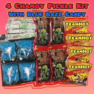 4 Chamoy Pickle Snack Kits with Fruity Rolls, Crunchy Chips & Blue Razz Sour Candies – Pick Your Favorite Combo!