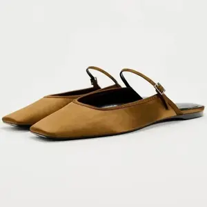 Women Flats 2025 Square Toe Buckle Strap Breathable Mules Satin Leisure Slingbacks Chic Fashion Designer Shoes for Ladies