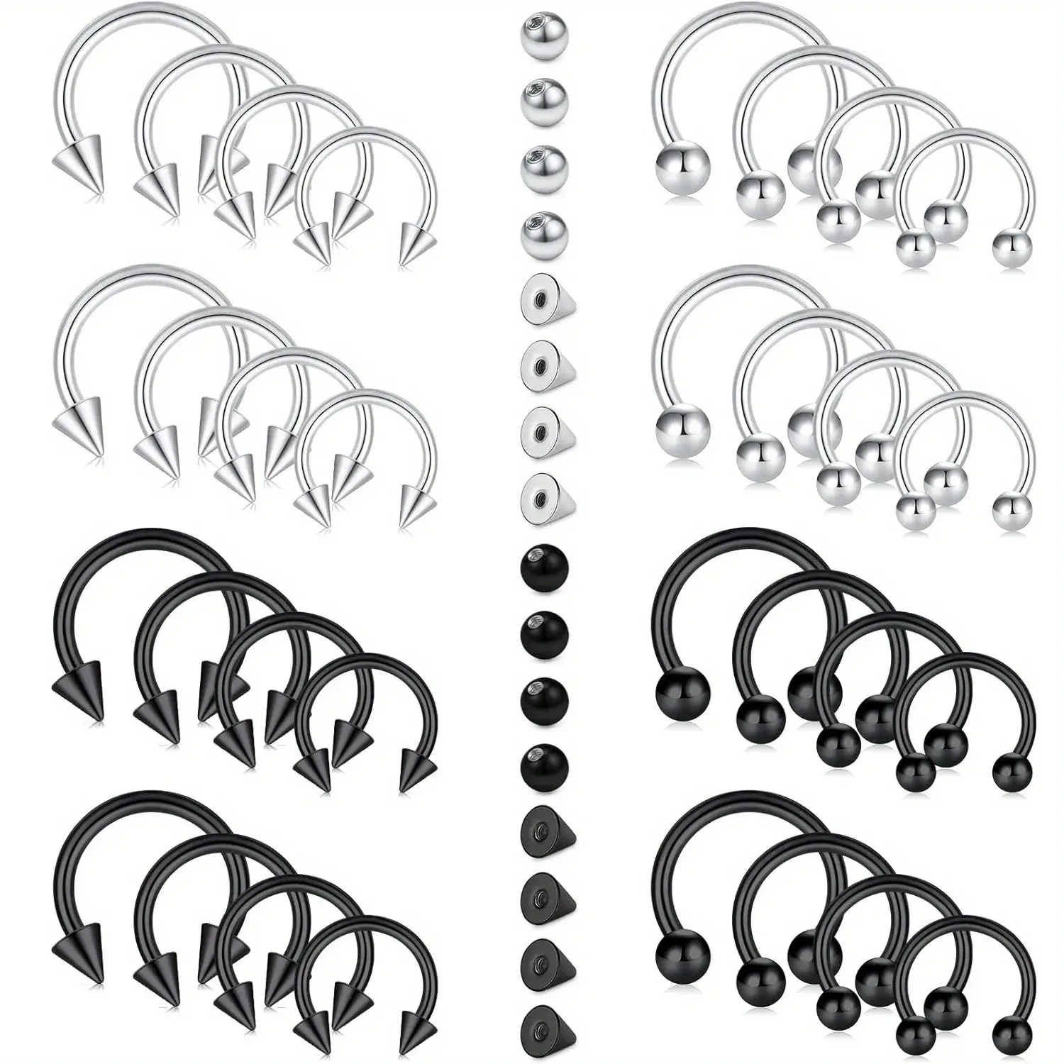 48Pcs 4 sizes Stainless Steel Horseshoe unique Jewelry, 32 Nose Rings + 16 Replacement Balls, Eyebrow Tragus Lip Piercing Fashion Accessories, Suitable for Birthday Gifts, Party, Wedding Anniversary
