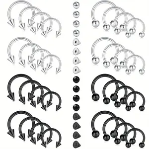 48Pcs 4 sizes Stainless Steel Horseshoe unique Jewelry, 32 Nose Rings + 16 Replacement Balls, Eyebrow Tragus Lip Piercing Fashion Accessories, Suitable for Birthday Gifts, Party, Wedding Anniversary