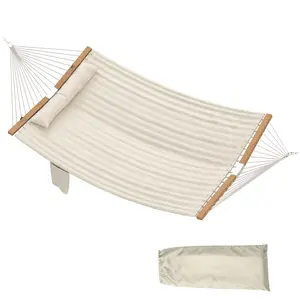 Outdoor Hammock 2-Person With 36 Cotton Ropes And Metal Chains V Shaped Spreader Bars For Yard Or Porch Hanging Bed With Detachable Extra Long Pillow And Magazine Pocket